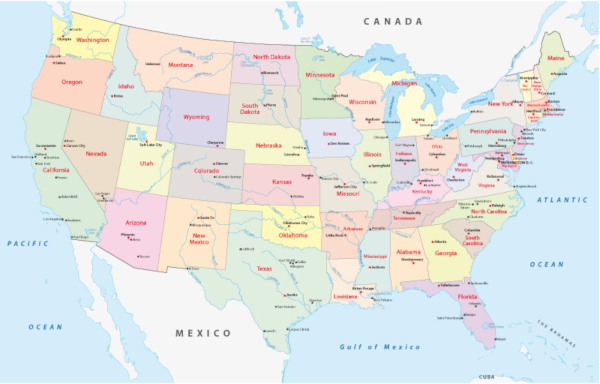 O território estadunidense divide-se em 50 unidades federativas, além de seu distrito federal e outros territórios.