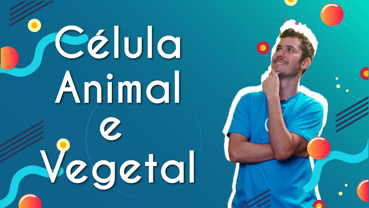"Célula Animal e Vegetal" escrito sobre fundo azul ao lado da imagem do professor