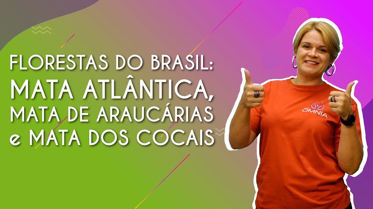 "Floresta do Brasil: Mata Atlântica, Mata de Araucárias e Mata dos Cocais" escrito sobre fundo colorido ao lado da imagem do professor