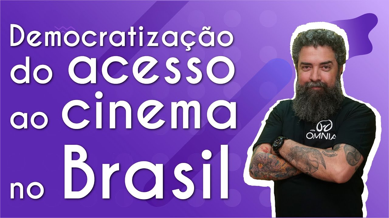 Professor ao lado do texto"Democratização do acesso ao cinema no Brasil"em fundo roxo.