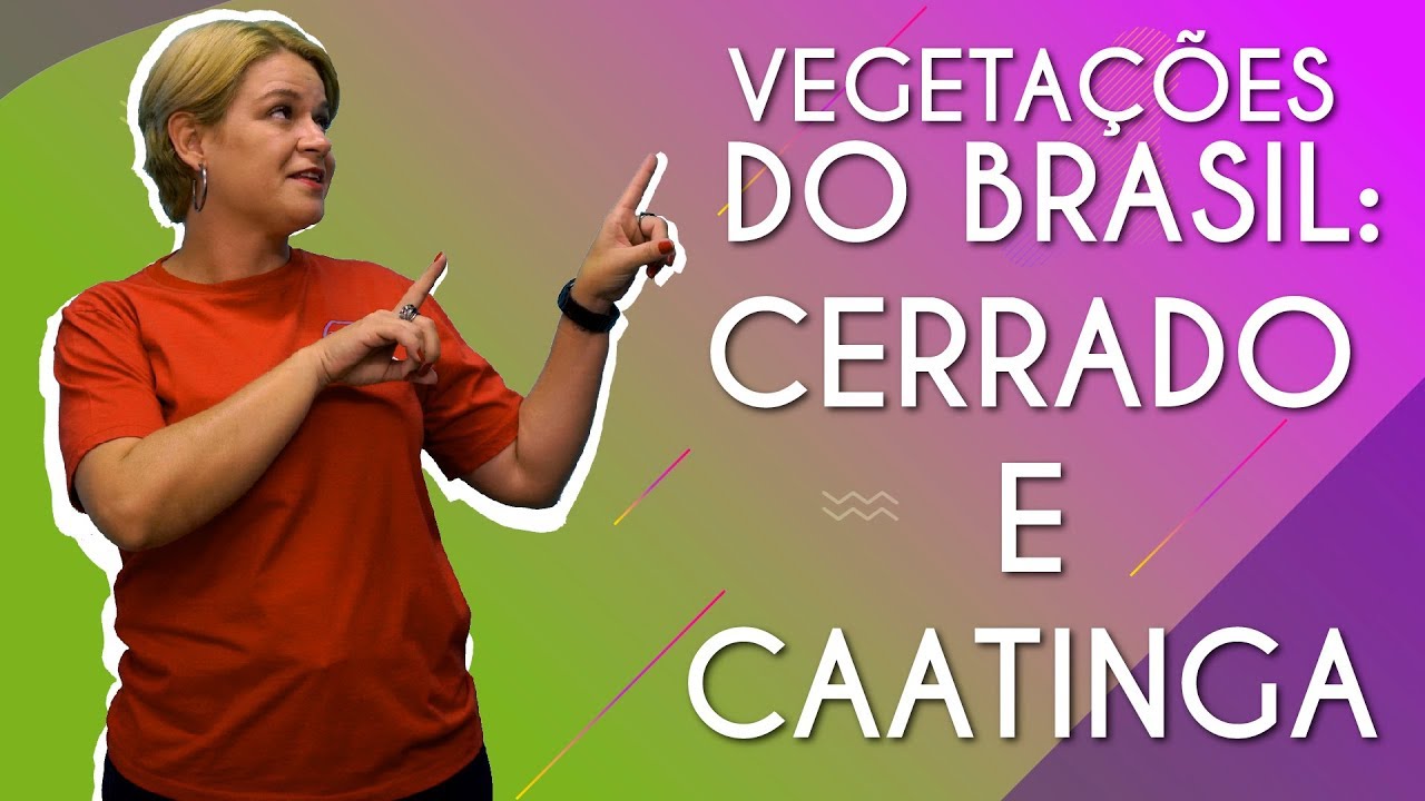 "Vegetações do Brasil: Cerrado e Caatinga" escrito sobre fundo colorido ao lado da imagem da professora