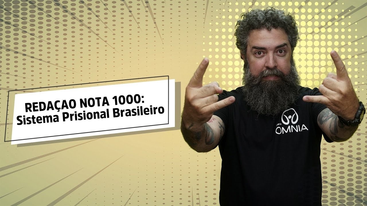 "REDAÇÃO NOTA 1000: Sistema Prisional Brasileiro" escrito sobre fundo amarelo ao lado da imagem do professor