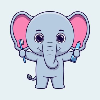 ilustração de elefante segurando pasta dental e escova