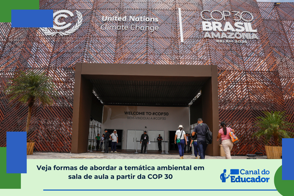 Foto da entrada do local de eventos da COP 30. Texto: título da matéria