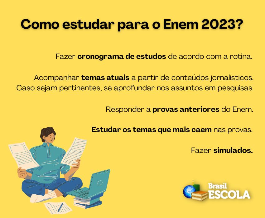 Quadro informativo na cor amarelo sobre o como estudar para o Enem 2023