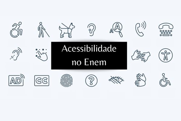 vários ícone que representam recursos de acessibilidade ceracam o texto - acessibilidade no Enem