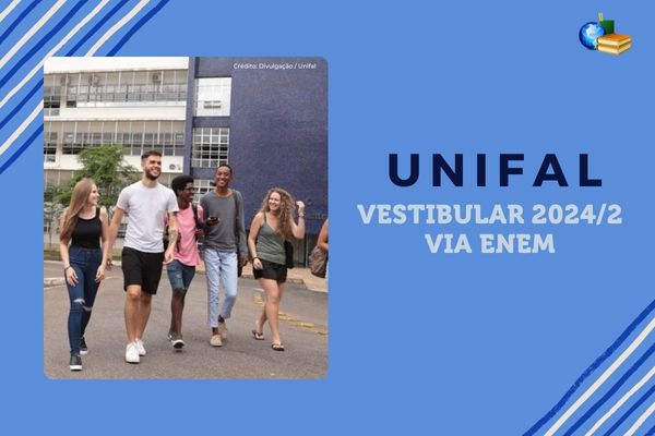 Fundo azul, listras azul e branco, foto de estudantes, texto Unifal Vestibular 2024/2 via Enem