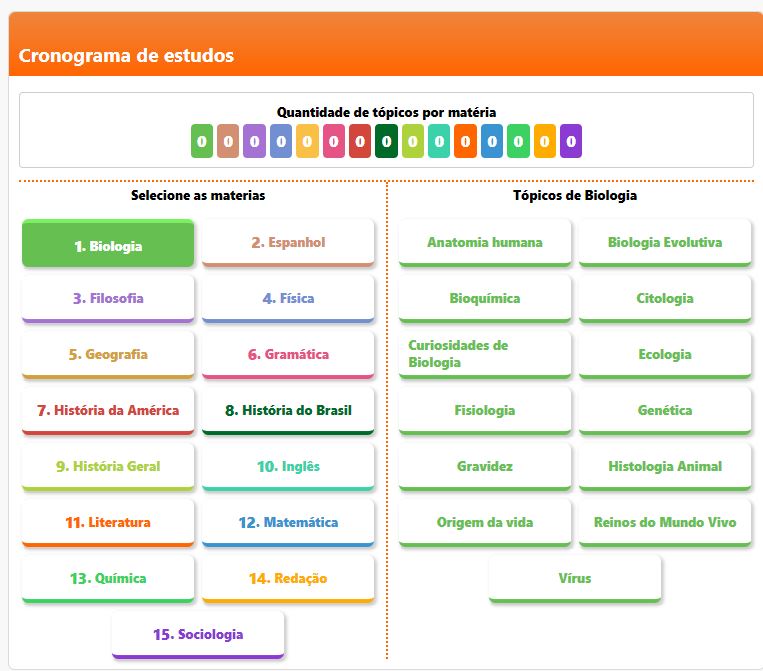 Página do cronograma de estudos do Brasil Escola para o Enem. 