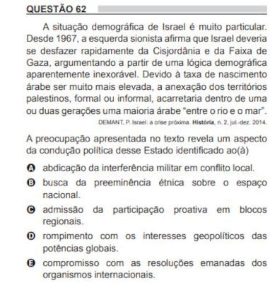 Questão do Enem 2018 sobre a Questão Palestina.