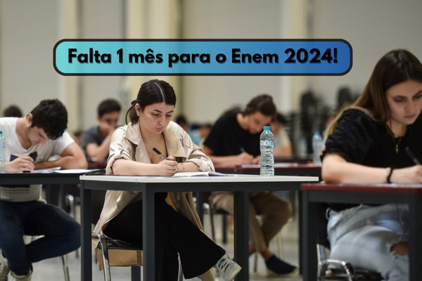 Estudantes fazendo prova em sala de aula. Na imagem, está escrito: Falta 1 mês para o Enem 2024!