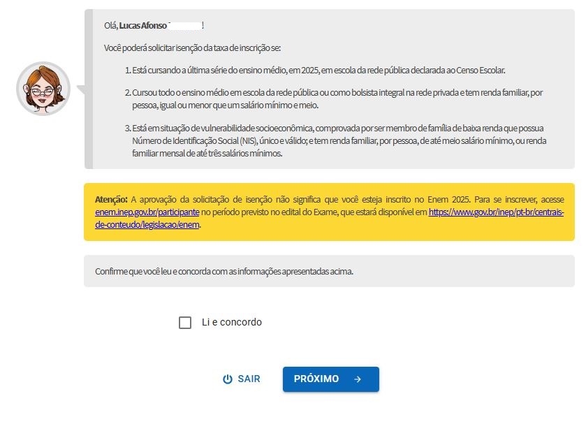 Página do participante do Enem