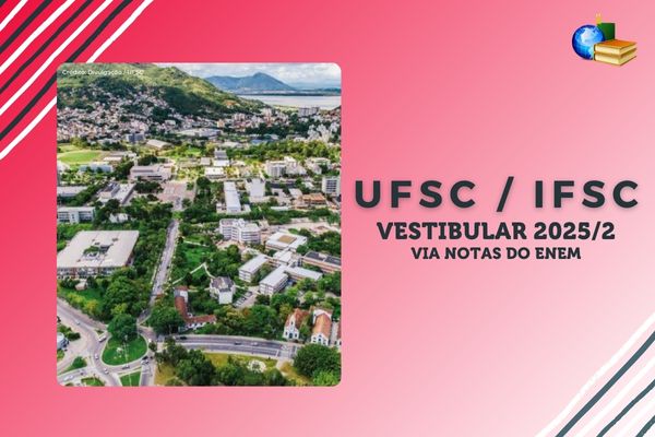 Campus da UERJ com árvores floridas, texto UERJ Vestibular 2025/2 via notas do Enem
