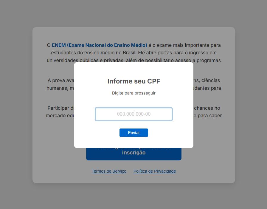 Tela do site falso do golpe da inscrição do Enem 2025
