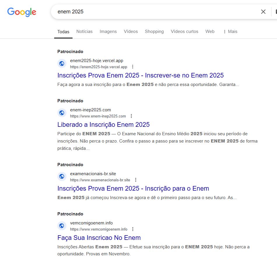 Buscador do Google mostra páginas falsas da inscrição do Enem 2025 como conteúdo patrocinado
