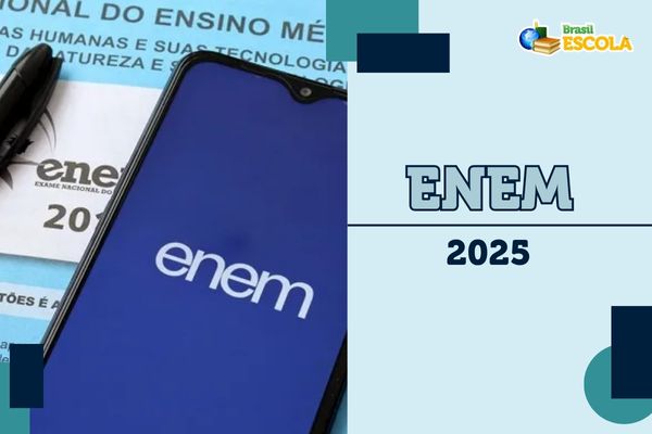 Estudante sorrindo a apontando para cima. Na imagem, está escrito: Enem 2025