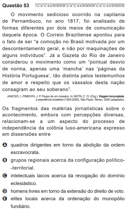Questão 53 do caderno branco do Enem 2020.