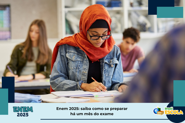 Enem 2025 um mês Estudante estudando em sala de aula. Texto: título da matéria