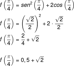Resolução de questão para descobrir o valor numérico da função para x = π/4 da função f(x) = sen²(x) + 2cos(x).