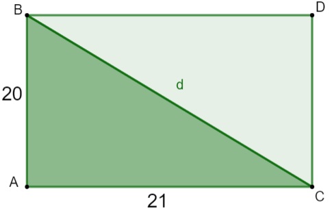 Retângulo atravessado por diagonal, formando triângulo retângulo com lados de 20 e 21 metros