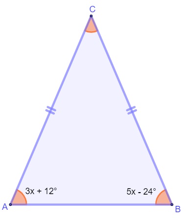 Triângulo isósceles com lados medindo: 3x + 12º e 5x + 24º