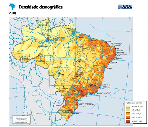 Mapa do Brasil com demarcação de sua densidade demográfica em 2010. (Créditos: IBGE - reprodução)
