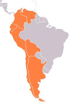  Mapa da América Andina, formada pelos seguintes países: Venezuela, Colômbia, Equador, Peru, Bolívia e Chile.