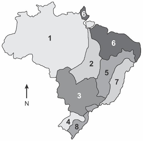Mapa das bacias hidrográficas brasileiras numeradas aleatoriamente de 1 a 8 em questão da UEFS sobre hidrografia.