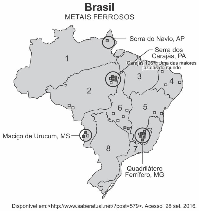 Mapa com localizações de exploração mineral no Brasil.