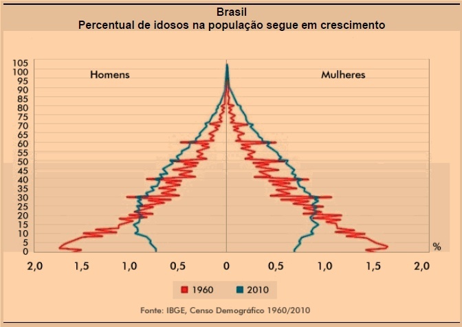 Gráfico do IBGE representando o crescimento do envelhecimento populacional no Brasil entre 1960 e 2010.