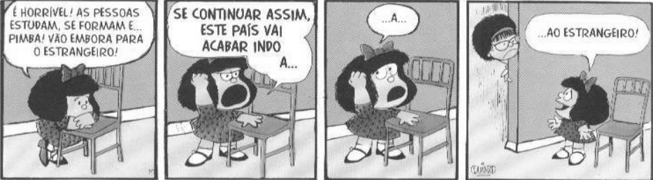 Tirinha da Mafalda sobre emigração em questão de interpretação de texto.