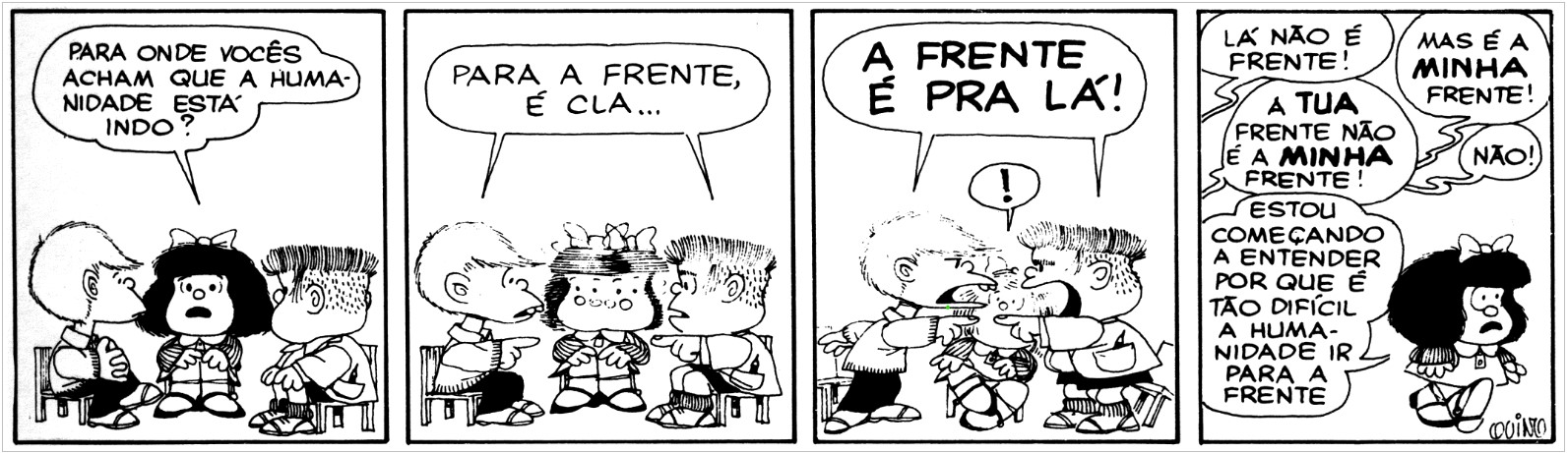 Tirinha da Mafalda sobre o futuro da humanidade em questão de interpretação de texto do Enem.