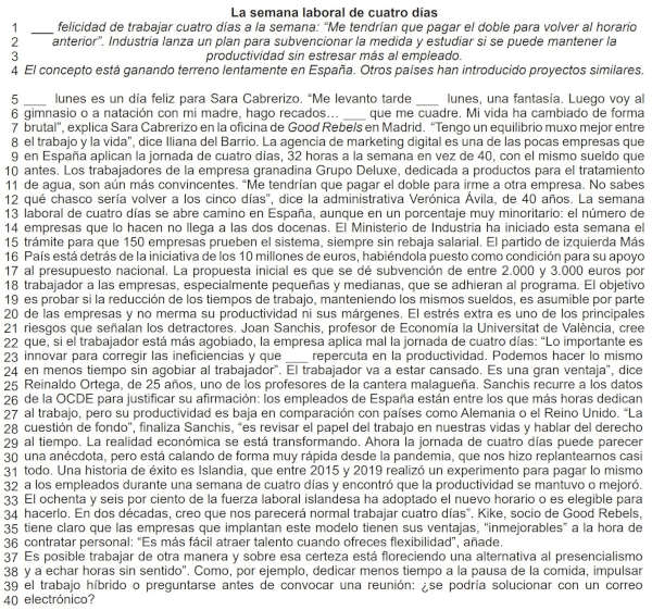 Texto “La semana laboral de cuatro días” em uma questão da prova da UCS sobre artigos em espanhol.