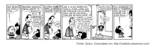 Personagens dialogando em tirinha da Mafalda com falas em espanhol.