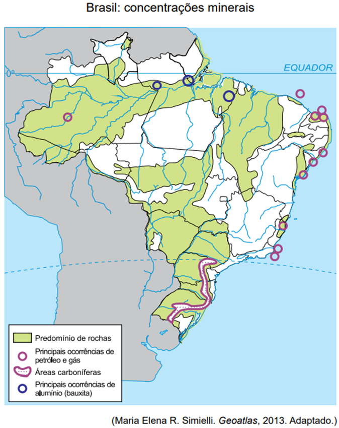 Mapa do Brasil de concentrações minerais em exercício do Centro Universitário São Camilo sobre tipos de rocha.