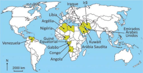 Mapa-múndi com alguns países destacados em exercício da Fuvest sobre blocos econômicos.