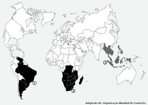 Mapa-múndi com conjuntos de países destacados e numerados em exercício da UFRGS sobre blocos econômicos.
