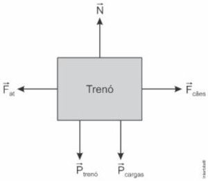 Forças que agem sobre trenó de neve puxado por oito cachorros.