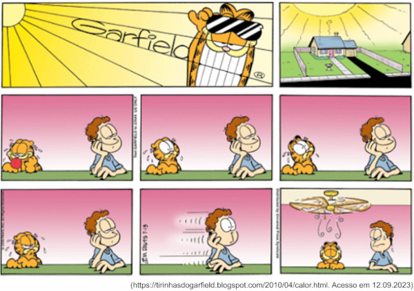 Tirinha do Garfield em questão sobre formas de condução de calor.