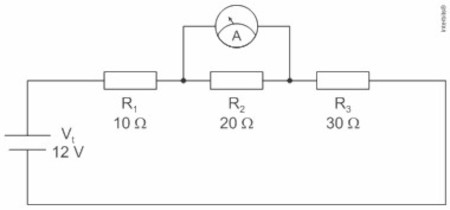 Circuito em série de três resistores com amperímetro conectado.