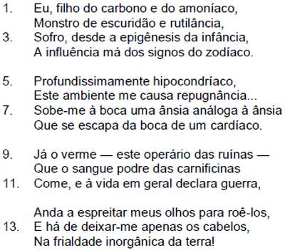 Poema “Psicologia de um vencido”, de Augusto dos Anjos, em exercício da FEI sobre acento grave.