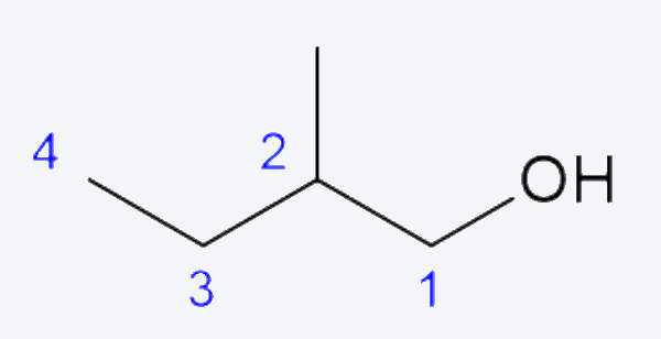 Fórmula estrutural de um álcool primário em exercícios sobre álcoois.