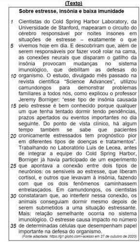 Texto sobre estresse, sobre insônia e sobre baixa umidade em questão da Ameosc sobre conjunção integrante.