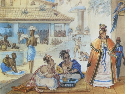 Casa de uma cigana, gravura que tem ao fundo outra atividade urbana desempenhada pelas mulheres: a lavagem de roupas