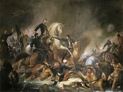 Tela Batalha de Campo Grande, de Pedro Américo (1843-1903). Perceba a retratação dos paraguaios como indígenas e os brasileiros como civilizados.