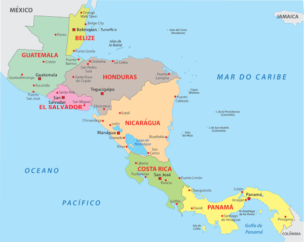 Mapa dos países da América Central.