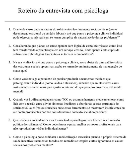 Roteiro de entrevista com psicóloga.