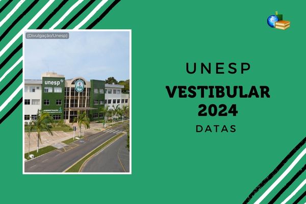 Fundo verde e azul, na foto o campus da Unesp de Botucatu, Faculdade de Medicina. Texto Vestibular 2024