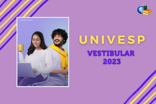 Foto de computadores com o símbolo da Univespao lado do texto "Univesp Vestibular 2024"