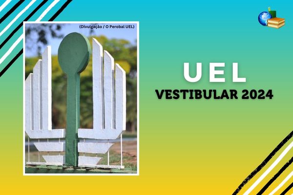Fundo amarelo e verde, foto da logo da UEL em estrutura física. Texto Vestibular 2024