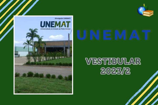 Fundo verde claro, foto aérea do campus da Unemat. Texto Unemat Vestibular 2024